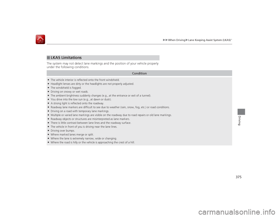 Acura RLX 2015 User Guide 375
uuWhen Driving uLane Keeping Assist System (LKAS)
*
Driving
The system may not detect lane markings and the position of your vehicle properly
under the following conditions.■
LKAS Limitations
C Acura RLX 2015 User Guide 375
uuWhen Driving uLane Keeping Assist System (LKAS)
*
Driving
The system may not detect lane markings and the position of your vehicle properly
under the following conditions.■
LKAS Limitations
C