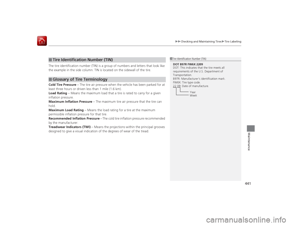 Acura RLX 2015 Owners Manual 441
uuChecking and Maintaining Tires uTire Labeling
Maintenance
The tire identification number (TIN) is a group of numbers and letters that look like
the example in the side column. TIN is located on Acura RLX 2015 Owners Manual 441
uuChecking and Maintaining Tires uTire Labeling
Maintenance
The tire identification number (TIN) is a group of numbers and letters that look like
the example in the side column. TIN is located on