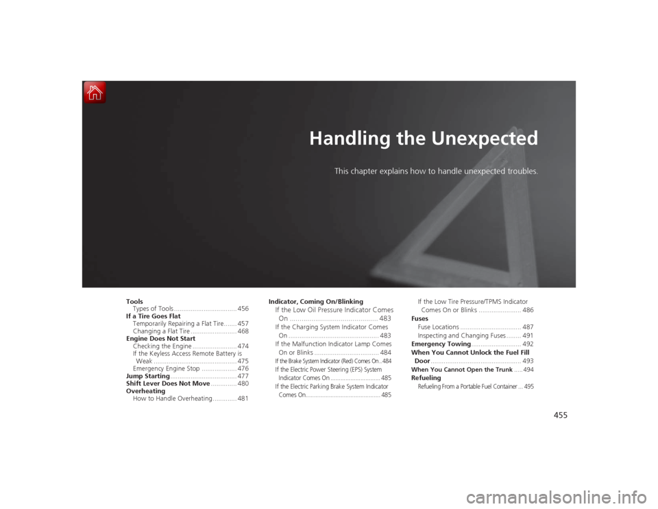 Acura RLX 2015  Owners Manual 455
Handling the Unexpected
This chapter explains how to handle unexpected troubles.
Tools
Types of Tools .................................. 456
If a Tire Goes Flat Temporarily Repairing a Flat Tire..