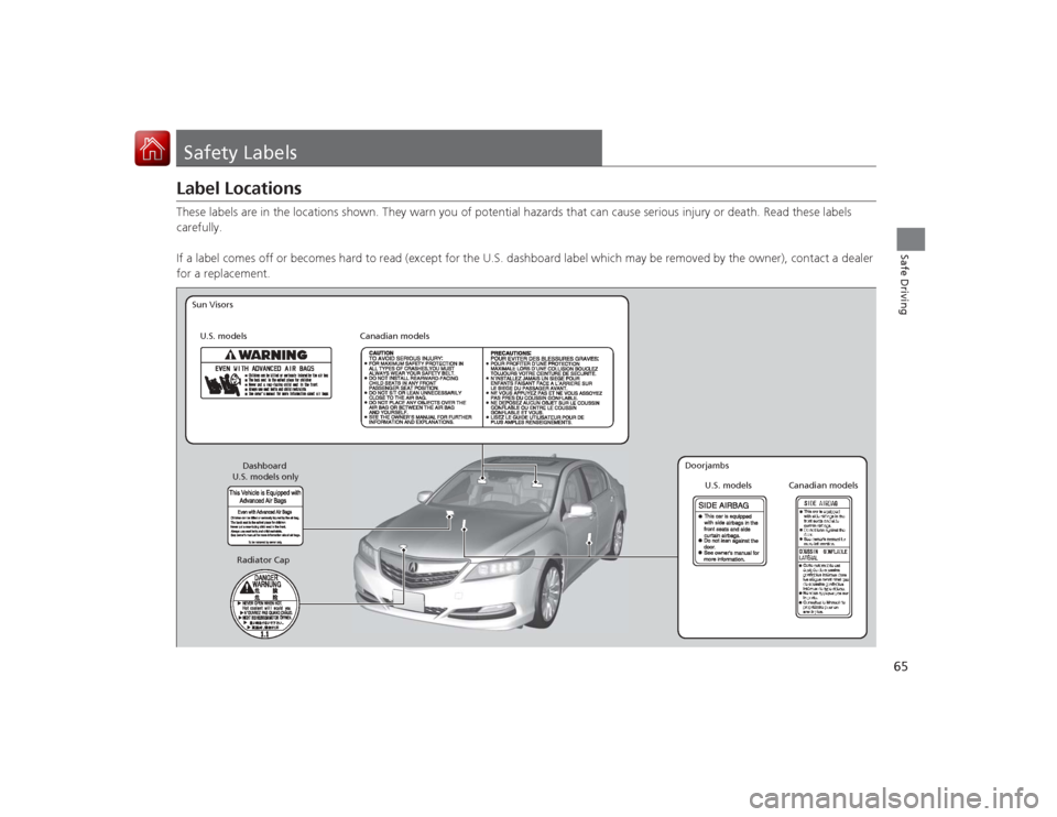 Acura RLX 2015  Owners Manual 65Safe Driving
Safety LabelsLabel LocationsThese labels are in the locations shown. They warn you of potential hazards that can cause serious injury or death. Read these labels 
carefully.
If a label 