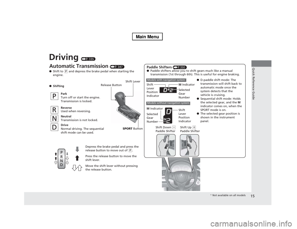 Acura RLX 2014  Owners Manual 15Quick Reference Guide
Driving 
(P 335)
Release Button
Depress the brake pedal and press the 
release button to move out of 
(P.
Move the shift lever without pressing 
the release button. Press the r