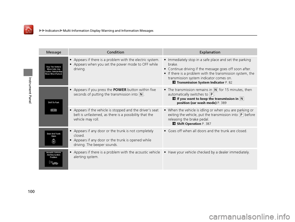 Acura RLX HYBRID 2020 Owners Guide 100
uuIndicators uMulti-Information Display Warn ing and Information Messages
Instrument Panel
MessageConditionExplanation
•Appears if there is a problem with the electric system.
• Appears when Acura RLX HYBRID 2020 Owners Guide 100
uuIndicators uMulti-Information Display Warn ing and Information Messages
Instrument Panel
MessageConditionExplanation
•Appears if there is a problem with the electric system.
• Appears when