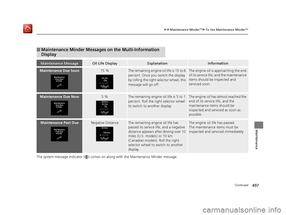 Acura RLX HYBRID 2020 Workshop Manual 497
uuMaintenance MinderTMuTo Use Maintenance MinderTM
Continued
Maintenance
The system message indicator ( ) comes on  along with the Maintenance Minder message.
■Maintenance Minder Messages on the