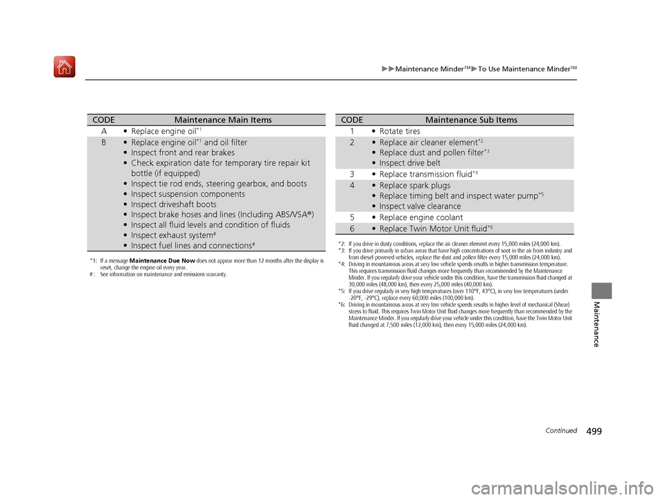 Acura RLX HYBRID 2020  Owners Manual 499
uuMaintenance MinderTMuTo Use Maintenance MinderTM
Continued
Maintenance
*1: If a message  Maintenance Due Now  does not appear more than 12 months after the display is 
reset, change the engine o