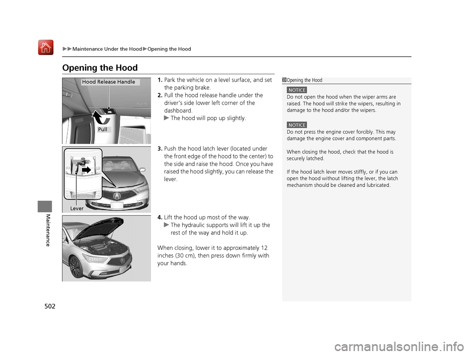 Acura RLX HYBRID 2020 Workshop Manual 502
uuMaintenance Under the Hood uOpening the Hood
Maintenance
Opening the Hood
1. Park the vehicle on a level surface, and set 
the parking brake.
2. Pull the hood release handle under the 
driver’