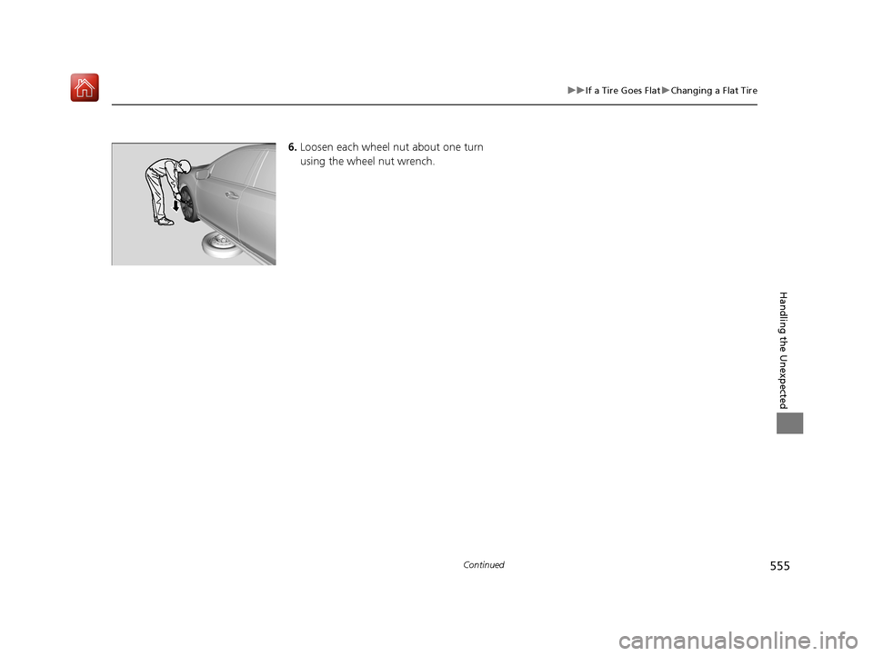 Acura RLX HYBRID 2020 Owners Manual 555
uuIf a Tire Goes Flat uChanging a Flat Tire
Continued
Handling the Unexpected
6. Loosen each wheel nut about one turn
using the wheel nut wrench.
20 ACURA RLX HYBRID-31TY36601.book 555 ページ Acura RLX HYBRID 2020 Owners Manual 555
uuIf a Tire Goes Flat uChanging a Flat Tire
Continued
Handling the Unexpected
6. Loosen each wheel nut about one turn
using the wheel nut wrench.
20 ACURA RLX HYBRID-31TY36601.book 555 ページ