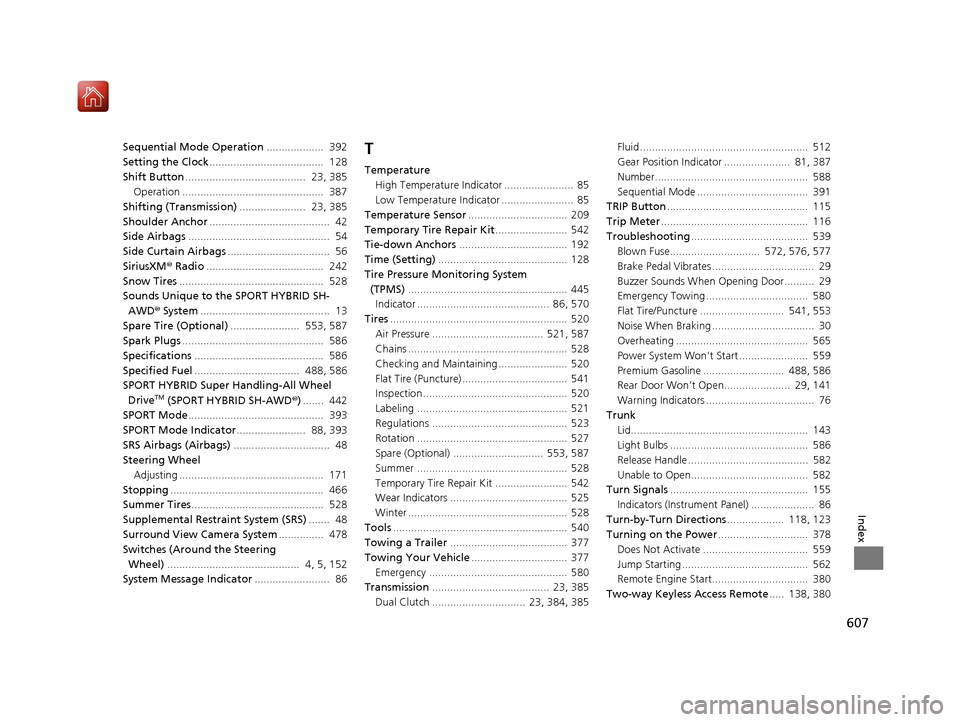 Acura RLX HYBRID 2020  Owners Manual 607
Index
Sequential Mode Operation...................  392
Setting the Clock ......................................  128
Shift Button ........................................  23, 385
Operation .....