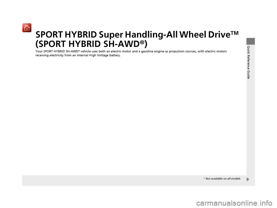 Acura RLX HYBRID 2020  Owners Manual 9
Quick Reference Guide
SPORT HYBRID Super Handling-All Wheel DriveTM 
(SPORT HYBRID SH-AWD ®)
Your SPORT HYBRID SH-AWD®  vehicle uses both an electric motor and a gasoline  engine as propulsion sou