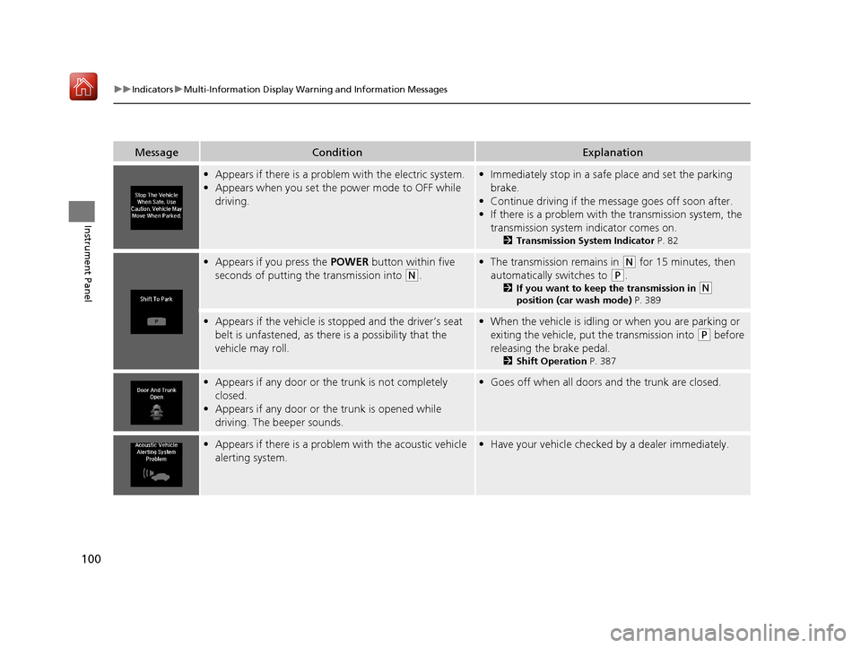 Acura RLX HYBRID 2019 Owners Manual 100
uuIndicators uMulti-Information Display Warn ing and Information Messages
Instrument Panel
MessageConditionExplanation
•Appears if there is a proble m with the electric system.
• Appears when Acura RLX HYBRID 2019 Owners Manual 100
uuIndicators uMulti-Information Display Warn ing and Information Messages
Instrument Panel
MessageConditionExplanation
•Appears if there is a proble m with the electric system.
• Appears when