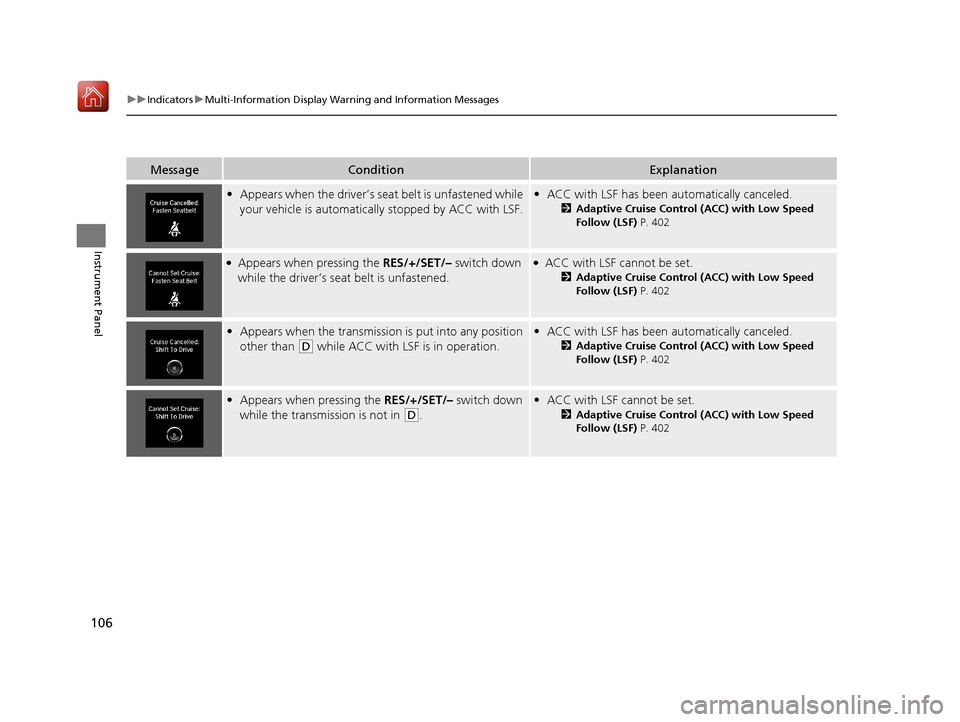 Acura RLX HYBRID 2019  Owners Manual 106
uuIndicators uMulti-Information Display Warn ing and Information Messages
Instrument Panel
MessageConditionExplanation
•Appears when the driver’s seat  belt is unfastened while 
your vehicle i