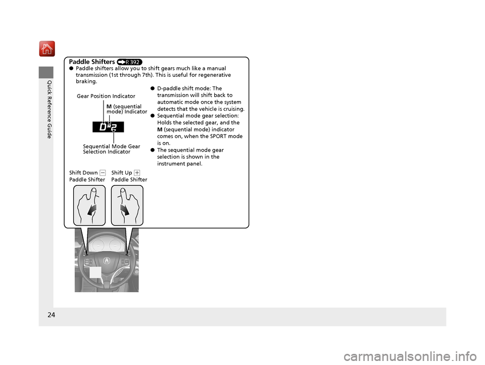 Acura RLX HYBRID 2019  Owners Manual 24
Quick Reference Guide
Paddle Shifters (P392)
● Paddle shifters allow you to shift gears much like a manual 
transmission (1st through 7th). This  is useful for regenerative 
braking.
●D-paddle 