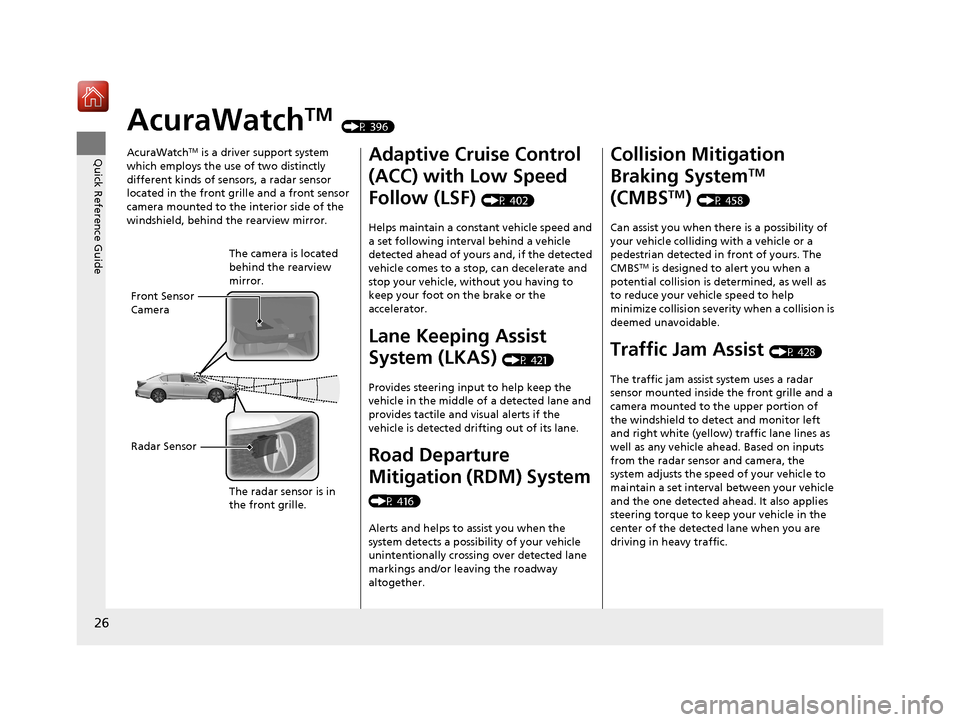 Acura RLX HYBRID 2019  Owners Manual 26
Quick Reference Guide
AcuraWatchTM (P 396)
AcuraWatch
TM is a driver support system 
which employs the use of two distinctly 
different kinds of sensors, a radar sensor 
located in the front grille