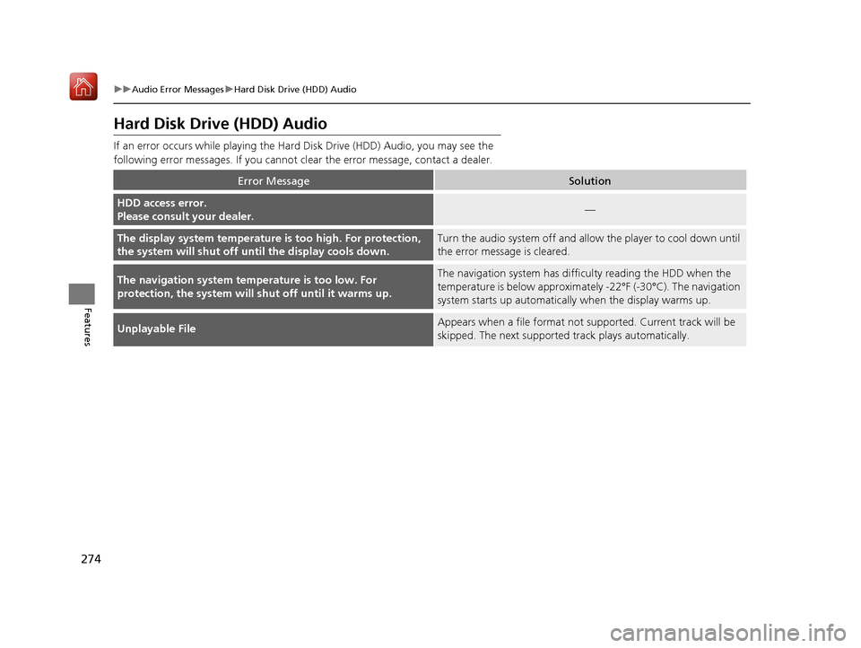 Acura RLX HYBRID 2019 Owners Manual 274
uuAudio Error Messages uHard Disk Drive (HDD) Audio
Features
Hard Disk Dri ve (HDD) Audio
If an error occurs while playing the Hard Disk Drive (HDD) Audio, you may see the
following error messag Acura RLX HYBRID 2019 Owners Manual 274
uuAudio Error Messages uHard Disk Drive (HDD) Audio
Features
Hard Disk Dri ve (HDD) Audio
If an error occurs while playing the Hard Disk Drive (HDD) Audio, you may see the
following error messag