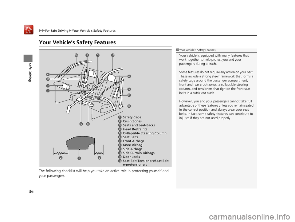 Acura RLX HYBRID 2019 Owners Guide 36
uuFor Safe Driving uYour Vehicle’s Safety Features
Safe Driving
Your Vehicle’s Safety Features
The following checklist will help you take an active role  in protecting yourself and 
your passen