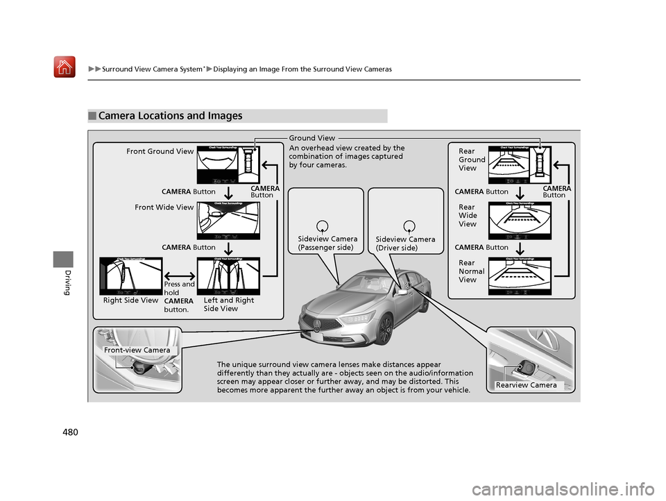 Acura RLX HYBRID 2019 Owners Manual 480
uuSurround View Camera System*uDisplaying an Image From the Surround View Cameras
Driving
■Camera Locations and Images
Ground View
An overhead view created by the
combination of images captured Acura RLX HYBRID 2019 Owners Manual 480
uuSurround View Camera System*uDisplaying an Image From the Surround View Cameras
Driving
■Camera Locations and Images
Ground View
An overhead view created by the
combination of images captured