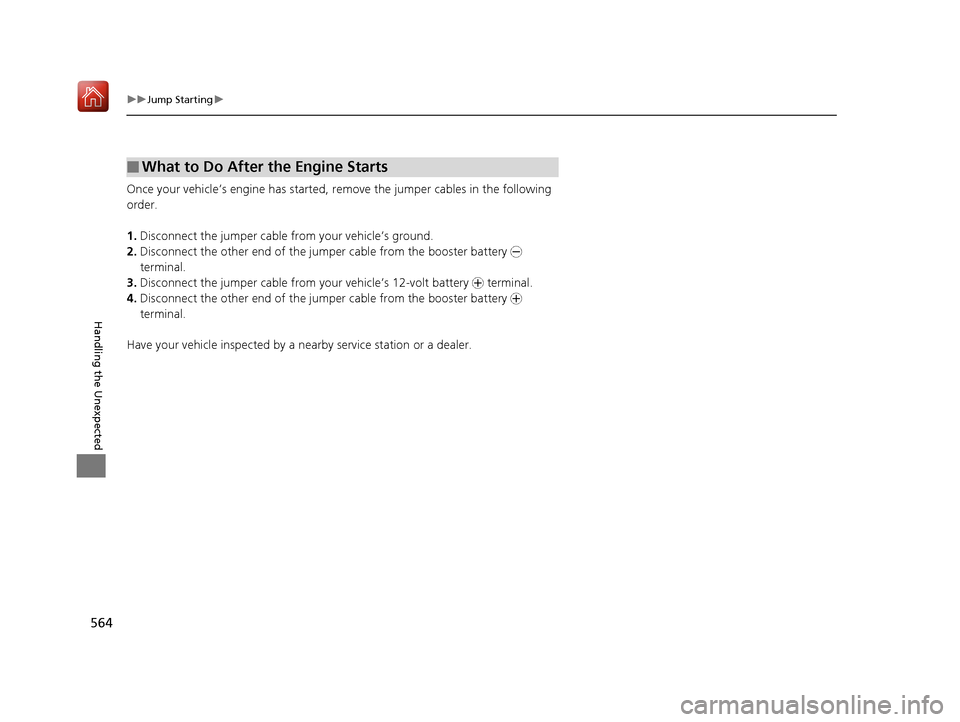 Acura RLX HYBRID 2019 Owners Manual 564
uuJump Starting u
Handling the Unexpected
Once your vehicle’s engine has started, re move the jumper cables in the following
order.
1. Disconnect the jumper cable from your vehicle’s ground.
Acura RLX HYBRID 2019 Owners Manual 564
uuJump Starting u
Handling the Unexpected
Once your vehicle’s engine has started, re move the jumper cables in the following
order.
1. Disconnect the jumper cable from your vehicle’s ground.