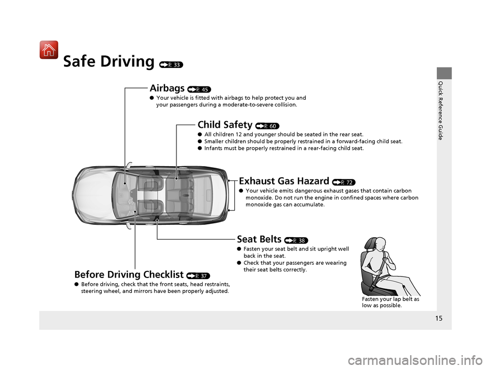 Acura RLX HYBRID 2018  Owners Manual 15
Quick Reference Guide
Safe Driving (P 33)
Airbags (P 45)
● Your vehicle is fitted with ai rbags to help protect you and 
your passengers during a moderate-to-severe collision.
Child Safety (P 60)