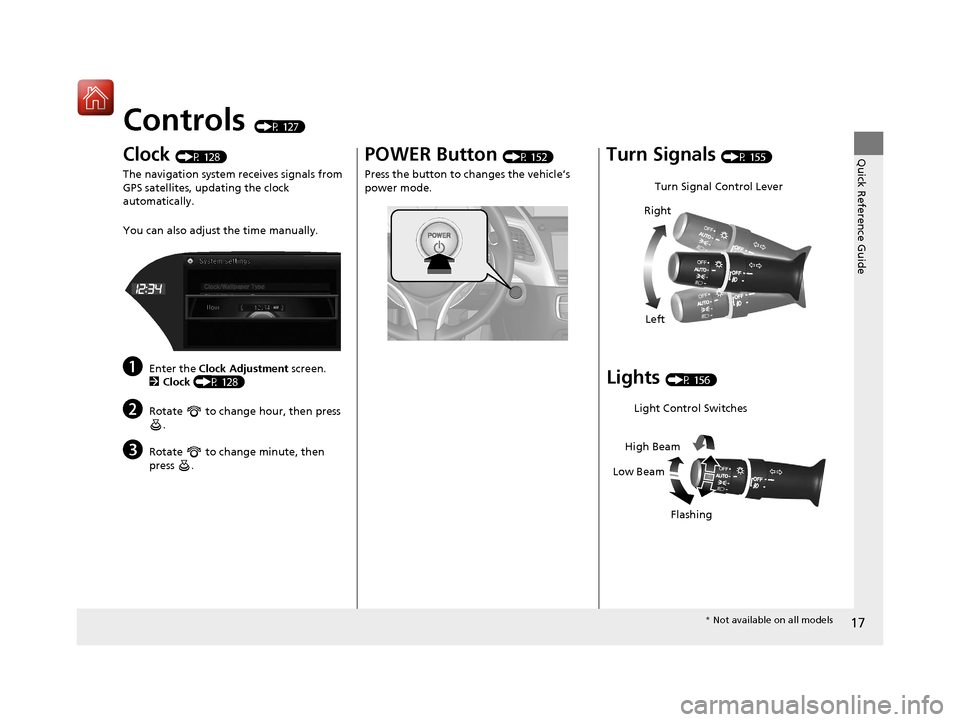 Acura RLX HYBRID 2018  Owners Manual 17
Quick Reference Guide
Controls (P 127)
Clock (P 128)
The navigation system receives signals from 
GPS satellites, updating the clock 
automatically.
You can also adjust  the time manually.
aEnter t