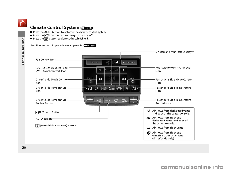 Acura RLX HYBRID 2018 Owners Guide 20
Quick Reference Guide
Climate Control System (P 200)
● Press the AUTO button to activate the climate control system.
● Press the button to turn the system on or off.
● Press the button t Acura RLX HYBRID 2018 Owners Guide 20
Quick Reference Guide
Climate Control System (P 200)
● Press the AUTO button to activate the climate control system.
● Press the button to turn the system on or off.
● Press the button t