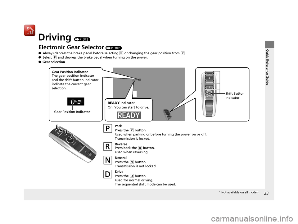 Acura RLX HYBRID 2018 Owners Guide 23
Quick Reference Guide
Driving (P 373)
Electronic Gear Selector (P 387)
● Always depress the brake pedal before selecting
(P or changing the gear position from (P.
● Select (P and depress the b Acura RLX HYBRID 2018 Owners Guide 23
Quick Reference Guide
Driving (P 373)
Electronic Gear Selector (P 387)
● Always depress the brake pedal before selecting
(P or changing the gear position from (P.
● Select (P and depress the b