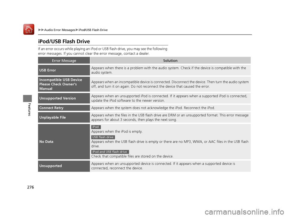 Acura RLX HYBRID 2018  Owners Manual 276
uuAudio Error Messages uiPod/USB Flash Drive
Features
iPod/USB Flash Drive
If an error occurs while play ing an iPod or USB flash driv e, you may see the following 
error messages. If you cannot c