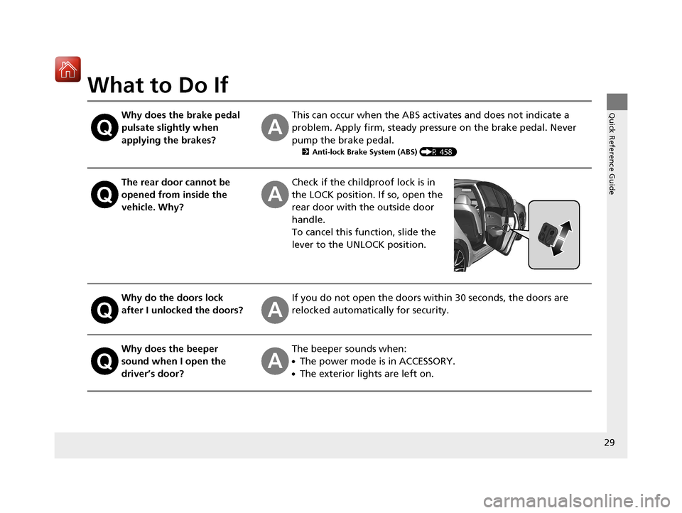 Acura RLX HYBRID 2018 Owners Guide 29
Quick Reference Guide
What to Do If
Why does the brake pedal
pulsate slightly when
applying the brakes?This can occur when the ABS activates and does not indicate a
problem. Apply firm, steady p Acura RLX HYBRID 2018 Owners Guide 29
Quick Reference Guide
What to Do If
Why does the brake pedal
pulsate slightly when
applying the brakes?This can occur when the ABS activates and does not indicate a
problem. Apply firm, steady p