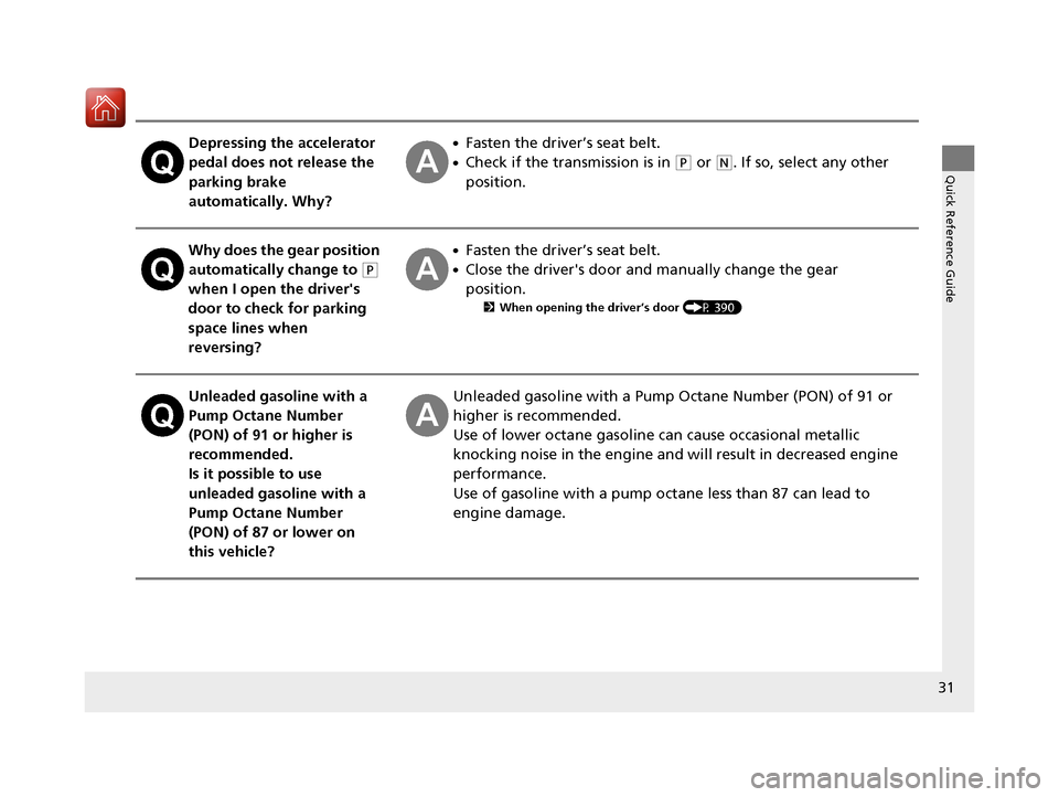 Acura RLX HYBRID 2018 Owners Manual 31
Quick Reference Guide
Depressing the accelerator
pedal does not release the
parking brake
automatically. Why?●Fasten the driver’s seat belt.
●Check if the transmission is in (P or (N. If s Acura RLX HYBRID 2018 Owners Manual 31
Quick Reference Guide
Depressing the accelerator
pedal does not release the
parking brake
automatically. Why?●Fasten the driver’s seat belt.
●Check if the transmission is in (P or (N. If s