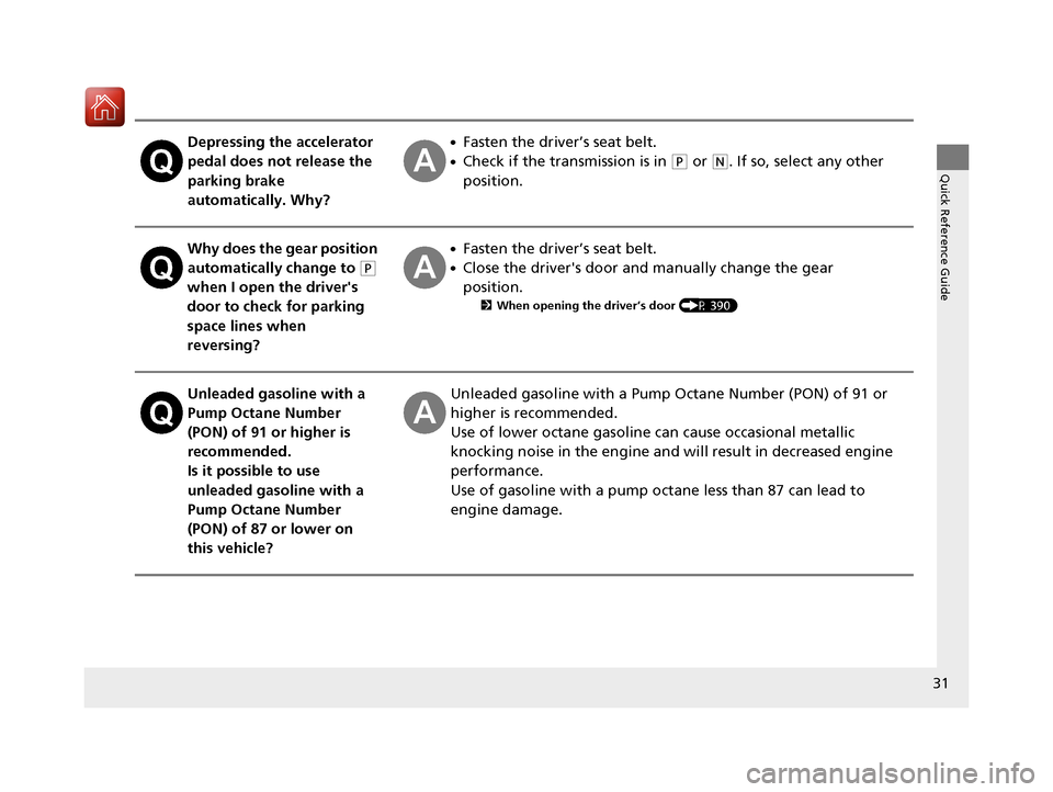 Acura RLX HYBRID 2018  Owners Manual 31
Quick Reference Guide
Depressing the accelerator 
pedal does not release the 
parking brake 
automatically. Why?●Fasten the driver’s seat belt.
●Check if the transmission is in (P or (N. If s