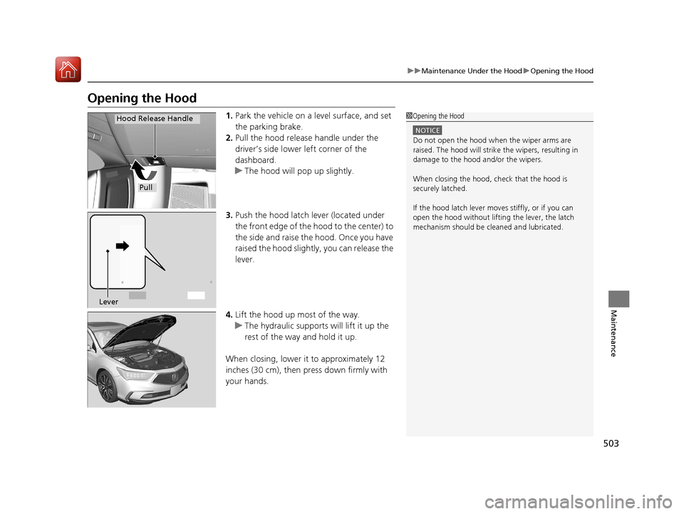 Acura RLX HYBRID 2018 Owners Manual 503
uuMaintenance Under the Hood uOpening the Hood
Maintenance
Opening the Hood
1. Park the vehicle on a level surface, and set
the parking brake.
2. Pull the hood release handle under the
driver’ Acura RLX HYBRID 2018 Owners Manual 503
uuMaintenance Under the Hood uOpening the Hood
Maintenance
Opening the Hood
1. Park the vehicle on a level surface, and set
the parking brake.
2. Pull the hood release handle under the
driver’