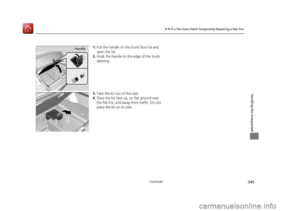Acura RLX HYBRID 2018 Owners Manual 545
uuIf a Tire Goes Flat uTemporarily Repairing a Flat Tire
Continued
Handling the Unexpected
1. Pull the handle on the trunk floor lid and
open the lid.
2. Hook the handle to the edge of the trunk Acura RLX HYBRID 2018 Owners Manual 545
uuIf a Tire Goes Flat uTemporarily Repairing a Flat Tire
Continued
Handling the Unexpected
1. Pull the handle on the trunk floor lid and
open the lid.
2. Hook the handle to the edge of the trunk