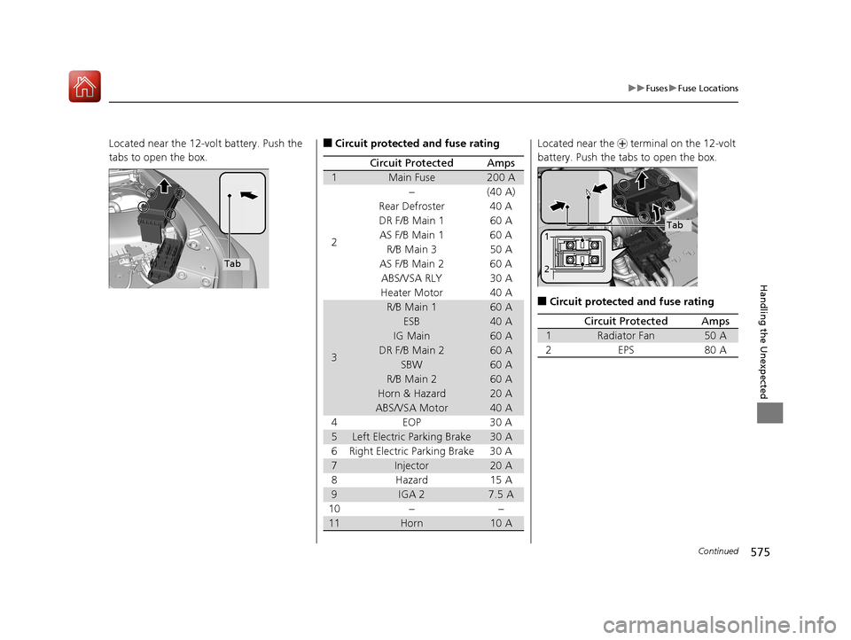 Acura RLX HYBRID 2018  Owners Manual 575
uuFuses uFuse Locations
Continued
Handling the Unexpected
Located near the 12-volt battery. Push the 
tabs to open the box.
Tab
■Circuit protected and fuse rating
Circuit ProtectedAmps
1Main Fus