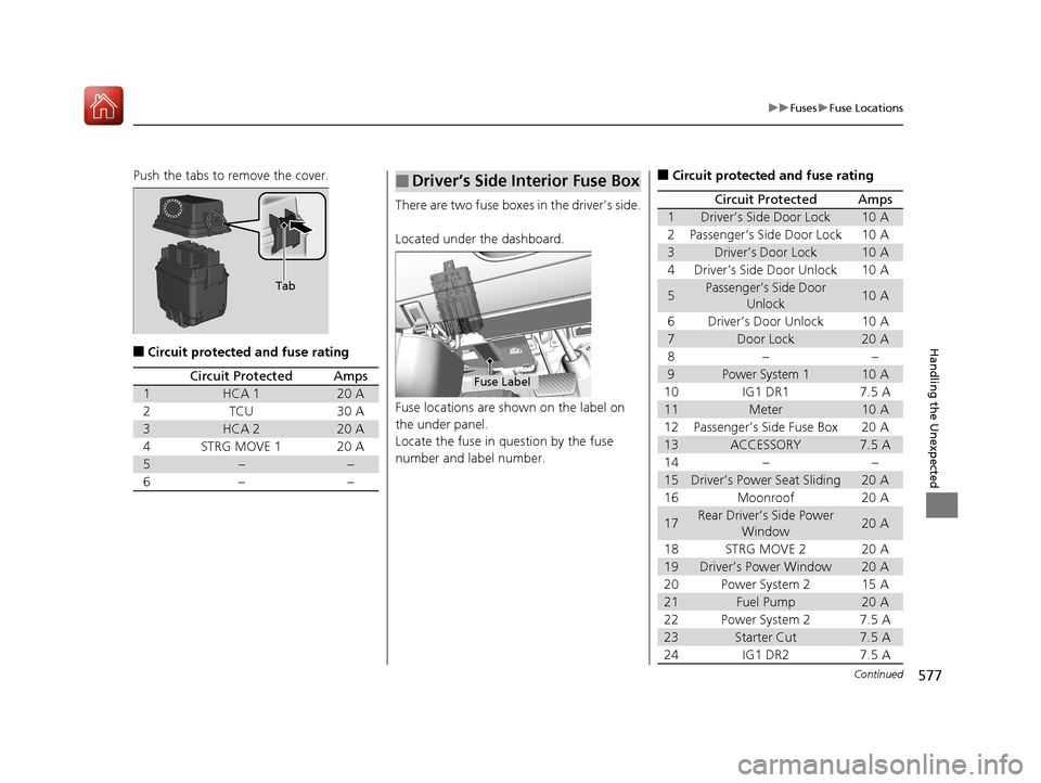 Acura RLX HYBRID 2018  Owners Manual 577
uuFuses uFuse Locations
Continued
Handling the Unexpected
Push the tabs to remove the cover.
■Circuit protected and fuse rating
Tab
Circuit ProtectedAmps
1HCA 120 A
2TCU30 A
3HCA 220 A
4STRG MOV