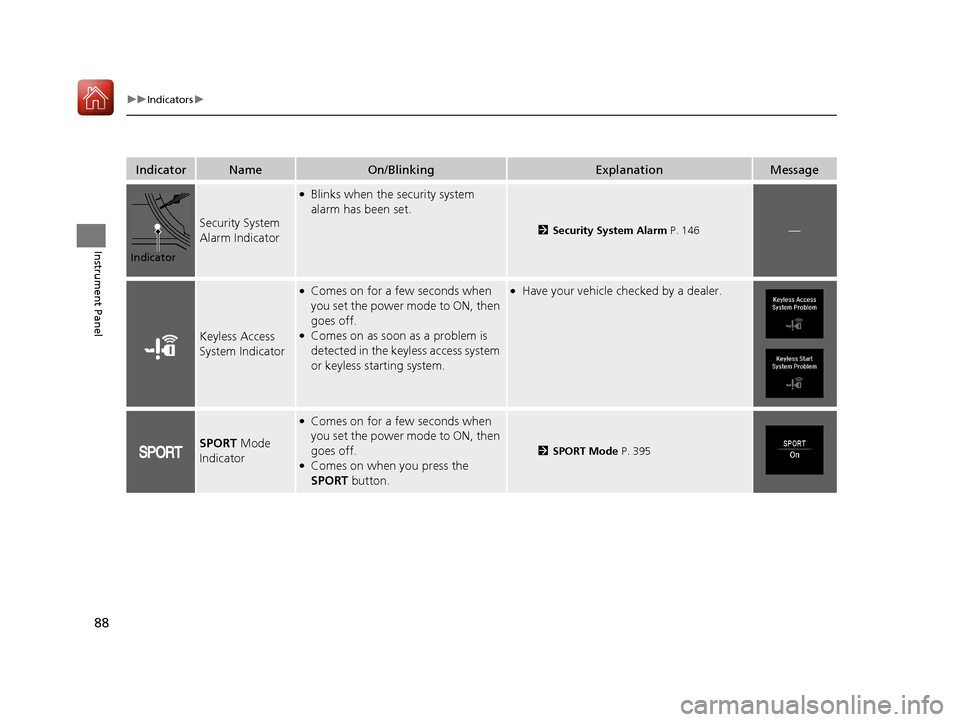 Acura RLX HYBRID 2018  Owners Manual 88
uuIndicators u
Instrument Panel
IndicatorNameOn/BlinkingExplanationMessage
Security System 
Alarm Indicator
●Blinks when the security system 
alarm has been set.
2Security System Alarm  P. 146—