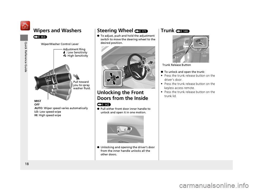 Acura RLX Hybrid 2017  Owners Manual 18
Quick Reference Guide
Wipers and Washers 
(P 163)
Wiper/Washer Control LeverAdjustment Ring : Low Sensitivity: High Sensitivity
MIST
OFF
AUTO : Wiper speed varies automatically
LO: Low speed wipe
H