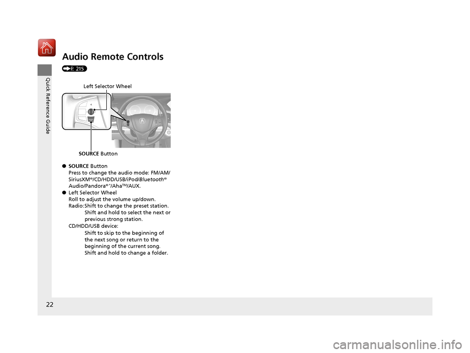 Acura RLX Hybrid 2017  Owners Manual 22
Quick Reference Guide
Audio Remote Controls 
(P 215)
●SOURCE  Button
Press to change the audio mode: FM/AM/
SiriusXM ®/CD/HDD/USB/iPod/ Bluetooth® 
Audio/Pandora®
*/AhaTM/AUX.
● Left Selecto