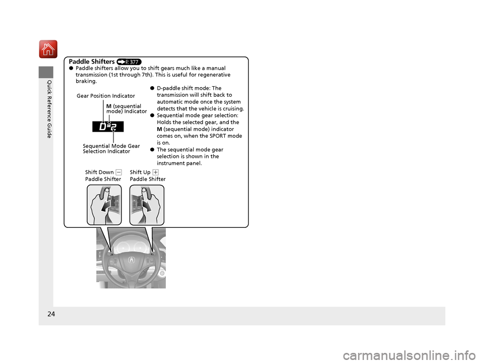 Acura RLX Hybrid 2017 Owners Guide 24
Quick Reference Guide
Paddle Shifters (P377)
● Paddle shifters allow you to shift gears much like a manual 
transmission (1st through 7th). This  is useful for regenerative 
braking.
●D-paddle 