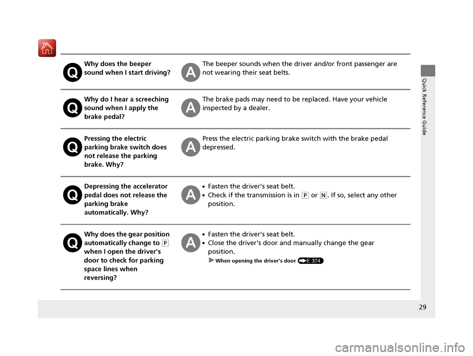 Acura RLX Hybrid 2017  Owners Manual 29
Quick Reference Guide
Why does the beeper 
sound when I start driving?The beeper sounds when the driver and/or front passenger are 
not wearing their seat belts.
Why do I hear a screeching 
sound w