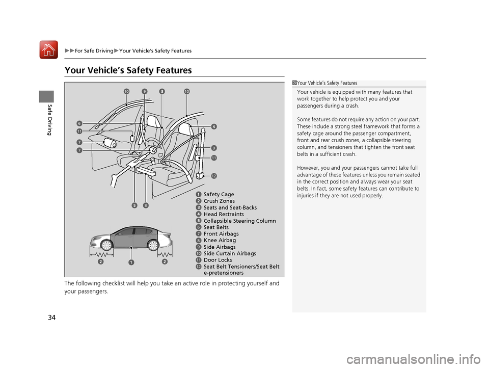 Acura RLX Hybrid 2017 Owners Guide 34
uuFor Safe Driving uYour Vehicle’s Safety Features
Safe Driving
Your Vehicle’s Safety Features
The following checklist will help you take an active role  in protecting yourself and 
your passen