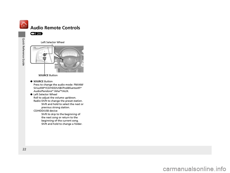 Acura RLX Hybrid 2016 Owners Manual 22
Quick Reference Guide
Audio Remote Controls
(P 215)
●SOURCE Button
Press to change the audio mode: FM/AM/
SiriusXM ®/CD/HDD/USB/iPod/ Bluetooth®
Audio/Pandora®
*/AhaTM/AUX.
● Left Selecto Acura RLX Hybrid 2016 Owners Manual 22
Quick Reference Guide
Audio Remote Controls
(P 215)
●SOURCE Button
Press to change the audio mode: FM/AM/
SiriusXM ®/CD/HDD/USB/iPod/ Bluetooth®
Audio/Pandora®
*/AhaTM/AUX.
● Left Selecto