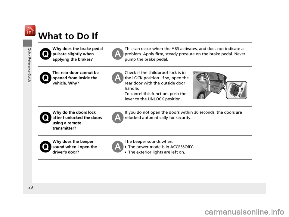Acura RLX Hybrid 2016 Owners Guide 28
Quick Reference Guide
What to Do If
Why does the brake pedal
pulsate slightly when
applying the brakes?This can occur when the ABS activates, and does not indicate a
problem. Apply firm, steady Acura RLX Hybrid 2016 Owners Guide 28
Quick Reference Guide
What to Do If
Why does the brake pedal
pulsate slightly when
applying the brakes?This can occur when the ABS activates, and does not indicate a
problem. Apply firm, steady