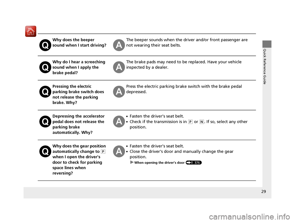 Acura RLX Hybrid 2016  Owners Manual 29
Quick Reference Guide
Why does the beeper 
sound when I start driving?The beeper sounds when the driver and/or front passenger are 
not wearing their seat belts.
Why do I hear a screeching 
sound w
