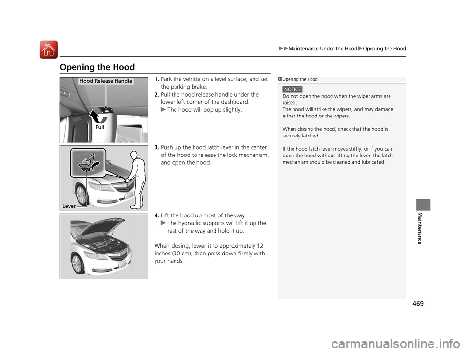Acura RLX Hybrid 2016 User Guide 469
uuMaintenance Under the Hood uOpening the Hood
Maintenance
Opening the Hood
1. Park the vehicle on a level surface, and set
the parking brake.
2. Pull the hood release handle under the
lower lef Acura RLX Hybrid 2016 User Guide 469
uuMaintenance Under the Hood uOpening the Hood
Maintenance
Opening the Hood
1. Park the vehicle on a level surface, and set
the parking brake.
2. Pull the hood release handle under the
lower lef