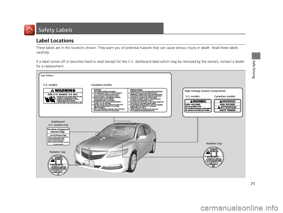 Acura RLX Hybrid 2016  Owners Manual 71
Safe Driving
Safety Labels
Label Locations
These labels are in the locations shown. They warn you of potential hazards that  can cause serious injury or death. Read these labels 
carefully.
If a la