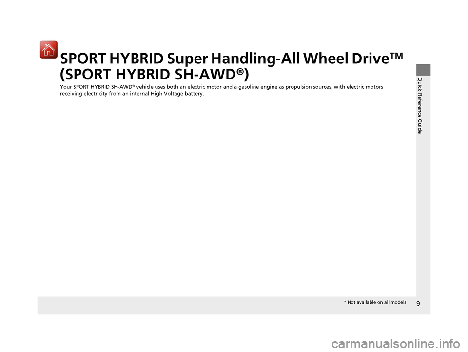 Acura RLX Hybrid 2016  Owners Manual 9
Quick Reference Guide
SPORT HYBRID Super Handling-All Wheel DriveTM 
(SPORT HYBRID SH-AWD ®)
Your SPORT HYBRID SH-AWD®  vehicle uses both an electric motor and a gasoline  engine as propulsion sou
