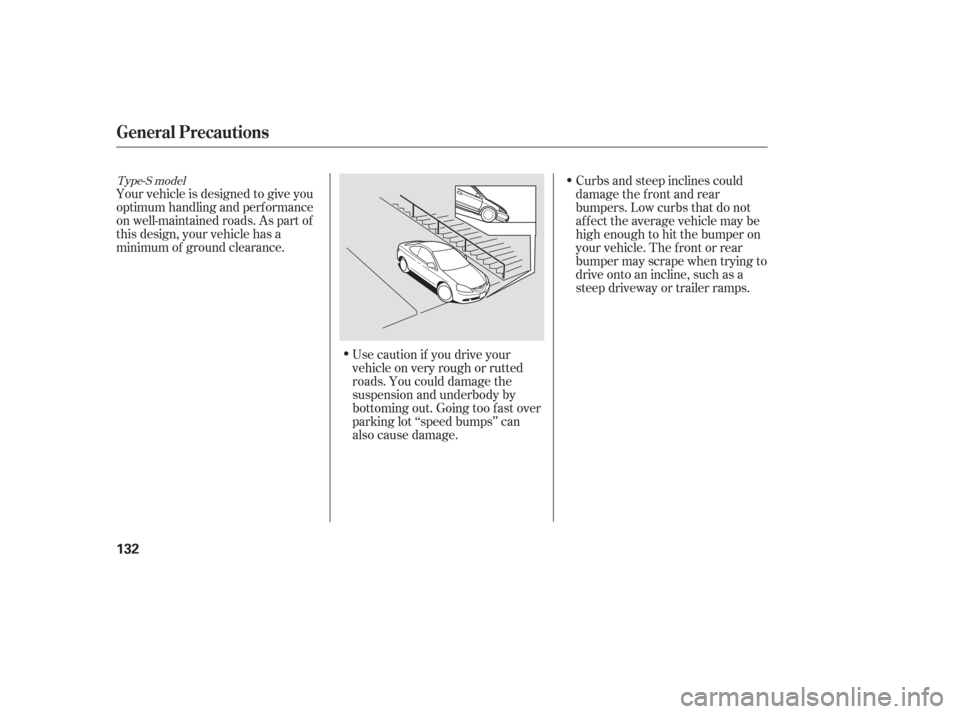 Acura RSX 2006  Owners Manual Your vehicle is designed to give you
optimum handling and perf ormance
on well-maintained roads. As part of
this design, your vehicle has a
minimum of ground clearance.Use caution if you drive your
ve