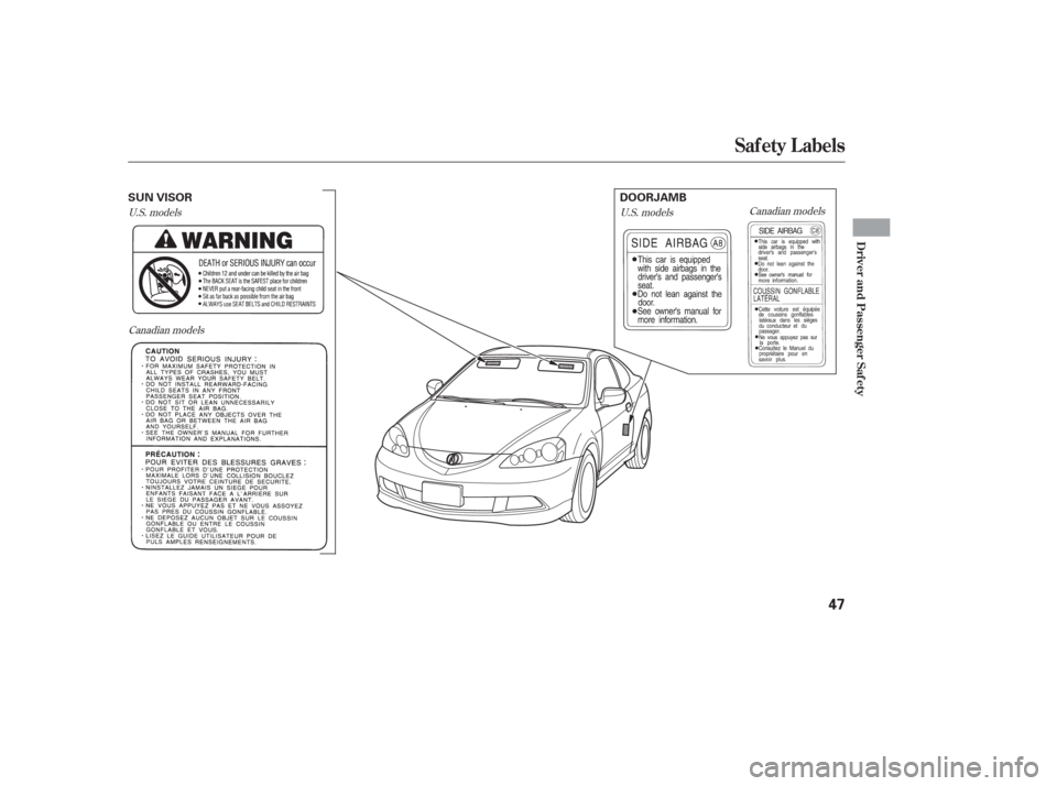 Acura RSX 2006 Service Manual U.S. modelsCanadian models U.S. models
Canadian models
Saf ety L abels
Driver and Passenger Saf ety
47
SUN VISOR
DOORJAMB Acura RSX 2006 Service Manual U.S. modelsCanadian models U.S. models
Canadian models
Saf ety L abels
Driver and Passenger Saf ety
47
SUN VISOR
DOORJAMB
