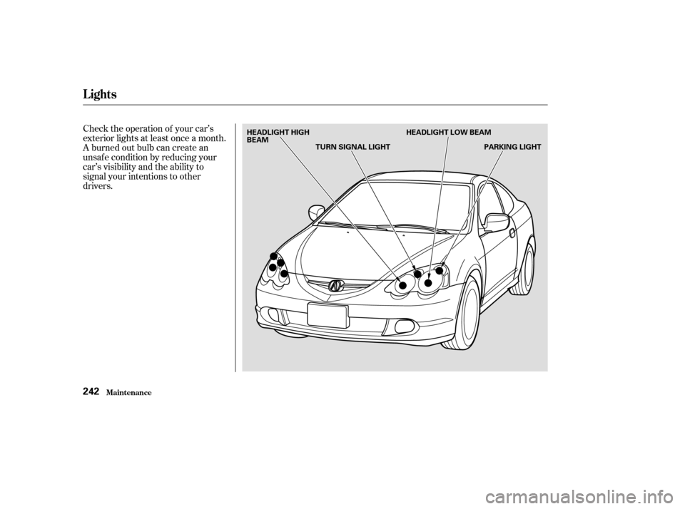 Acura RSX 2003  Owners Manual Check the operation of your car’s
exterior lights at least once a month.
A burned out bulb can create an
unsaf e condition by reducing your
car’s visibility and the ability to
signal your intentio