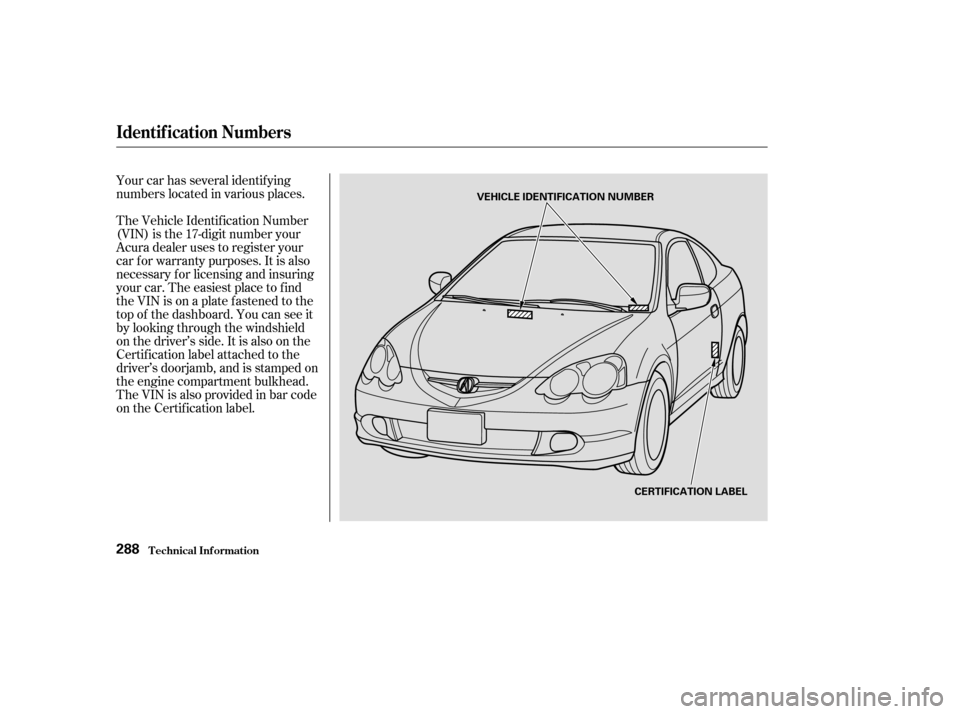 Acura RSX 2003 Manual PDF Your car has several identif ying
numbers located in various places.
The Vehicle Identif ication Number
(VIN) is the 17-digit number your
Acura dealer uses to register your
car f or warranty purposes.