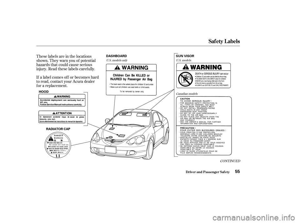 Acura RSX 2003  Owners Manual These labels are in the locations
shown. They warn you of potential
hazards that could cause serious
injury. Read these labels caref ully.
If a label comes of f or becomes hard
to read, contact your A
