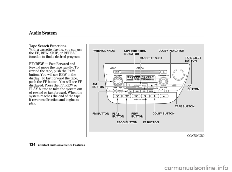 Acura RSX 2002 Owners Guide µ
CONT INUED
With a cassette playing, you can use
the FF, REW, SKIP, or REPEAT
f unction to f ind a desired program.Fast Forward and
Rewind move the tape rapidly. To
rewind the tape, push the REW
bu